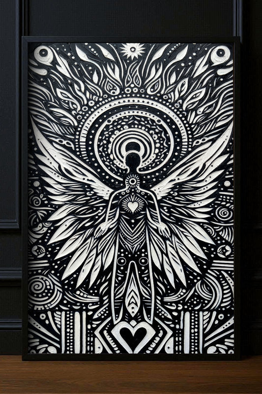 Schwarz-weißes Totem-Poster mit geflügelter Figur, Herzsymbol und ornamentalen Kreisen als spirituelle Wanddeko für Wohnzimmer oder Flur.