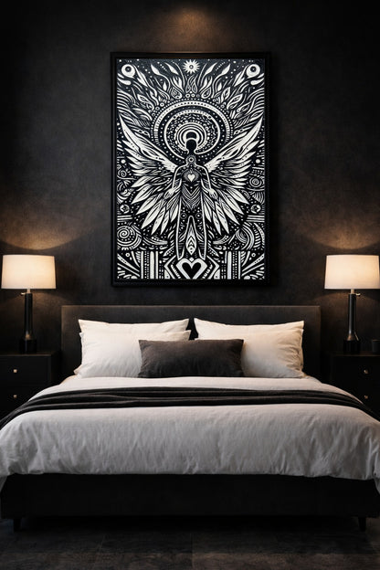 Schwarz-weißes Poster mit totemischer Flügelgestalt, Herzsymbol und grafischen Kreisornamenten für spirituelle Wohnraumgestaltung. Hier im Schlafzimmer als gerahmtes Poster.