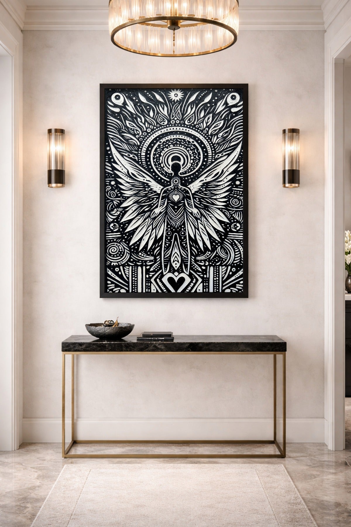 Schwarz-weißes Totem-Poster mit geflügelter Figur, Herzsymbol und ornamentalen Kreisen als spirituelle Wandkunst für Wohnzimmer oder Flur.