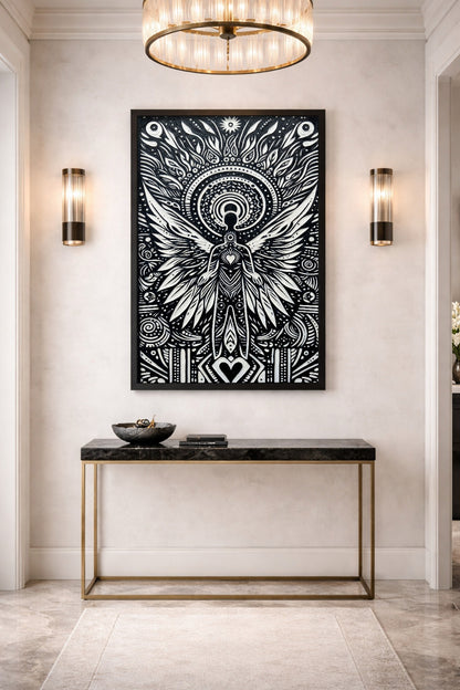 Schwarz-weißes Totem-Poster mit geflügelter Figur, Herzsymbol und ornamentalen Kreisen als spirituelle Wandkunst für Wohnzimmer oder Flur.