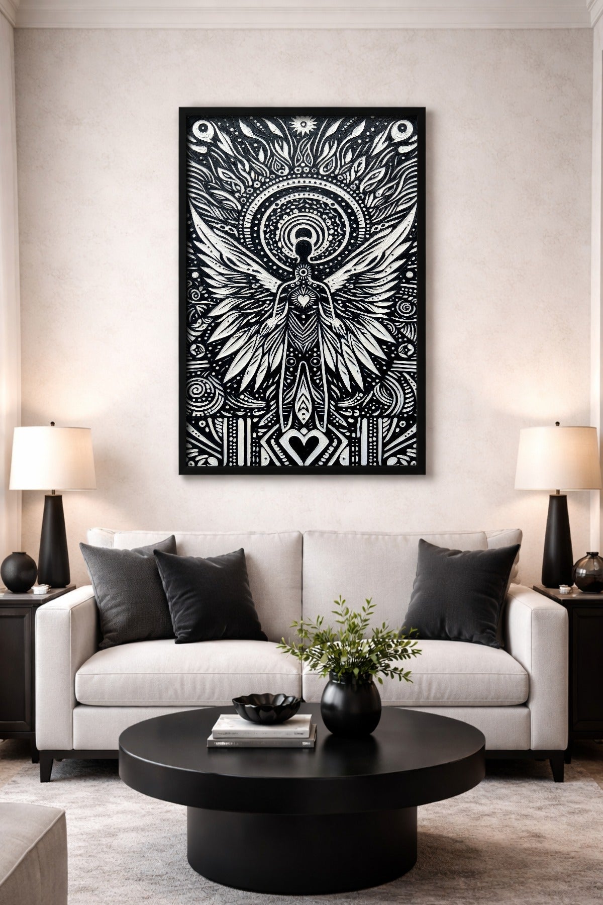 Monochromes Totem-Wandbild mit Flügelfigur, leuchtendem Herzsymbol und ornamentalen Kreisen als markante spirituelle Deko für das Wohnzimmer.