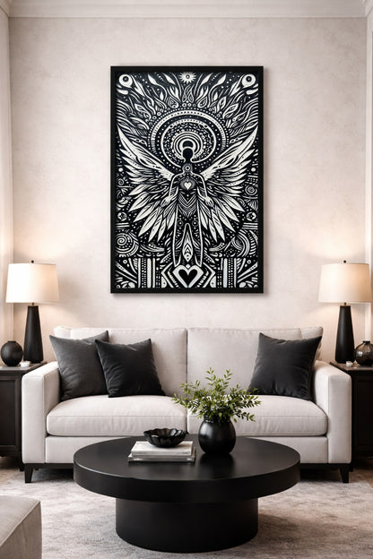 Monochromes Totem-Wandbild mit Flügelfigur, leuchtendem Herzsymbol und ornamentalen Kreisen als markante spirituelle Deko für das Wohnzimmer.