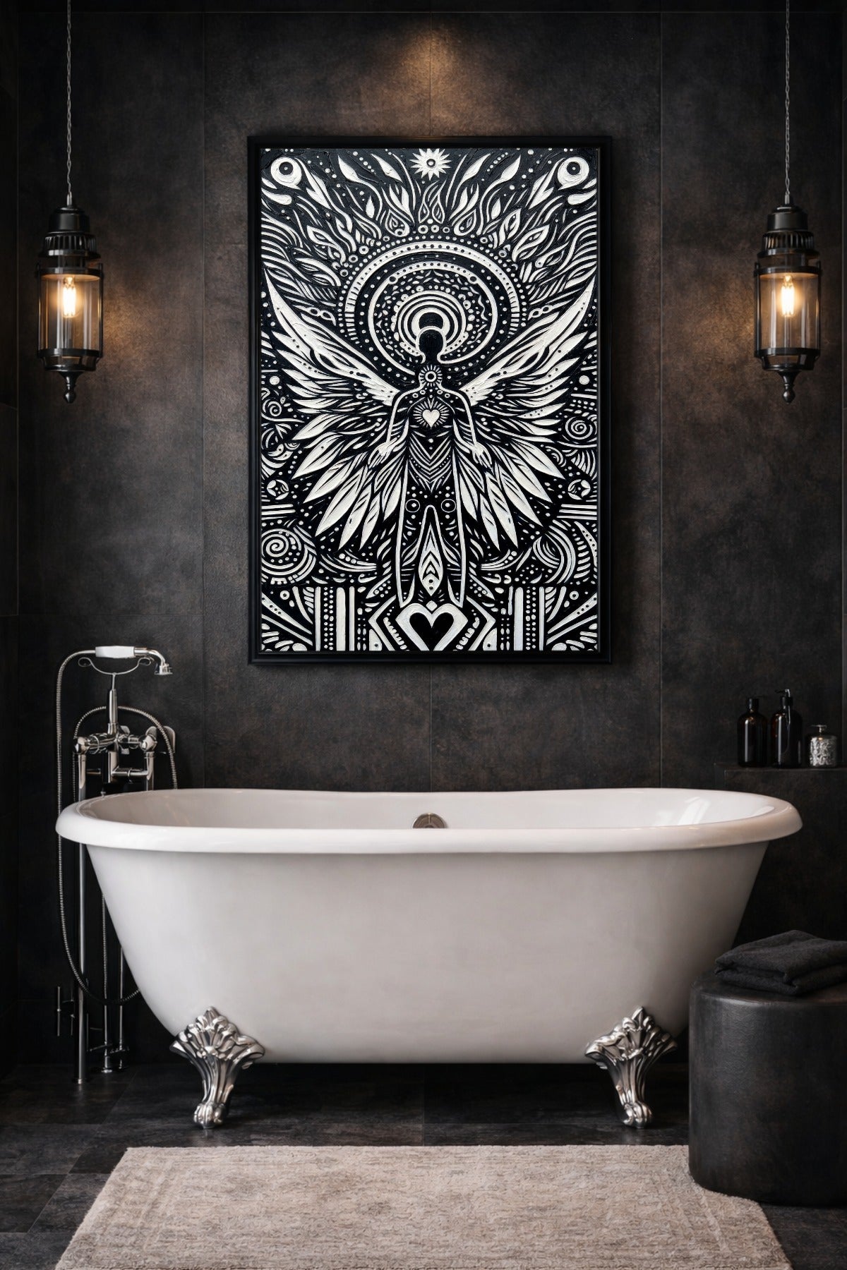 Spirituelles Wandbild in Schwarz-Weiß mit geflügelter Totemfigur, Herzsymbol und dekorativen Kreisornamenten für Wohnraum oder Badezimmer.