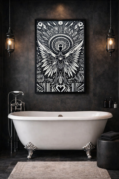 Spirituelles Wandbild in Schwarz-Weiß mit geflügelter Totemfigur, Herzsymbol und dekorativen Kreisornamenten für Wohnraum oder Badezimmer.