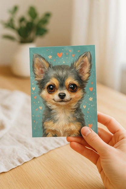 Zehn handgemalte Hundeillustrationen mit Herzmotiven in warmen Farben, geeignet für Kinderzimmer Poster, Postkarten oder Wandbilder