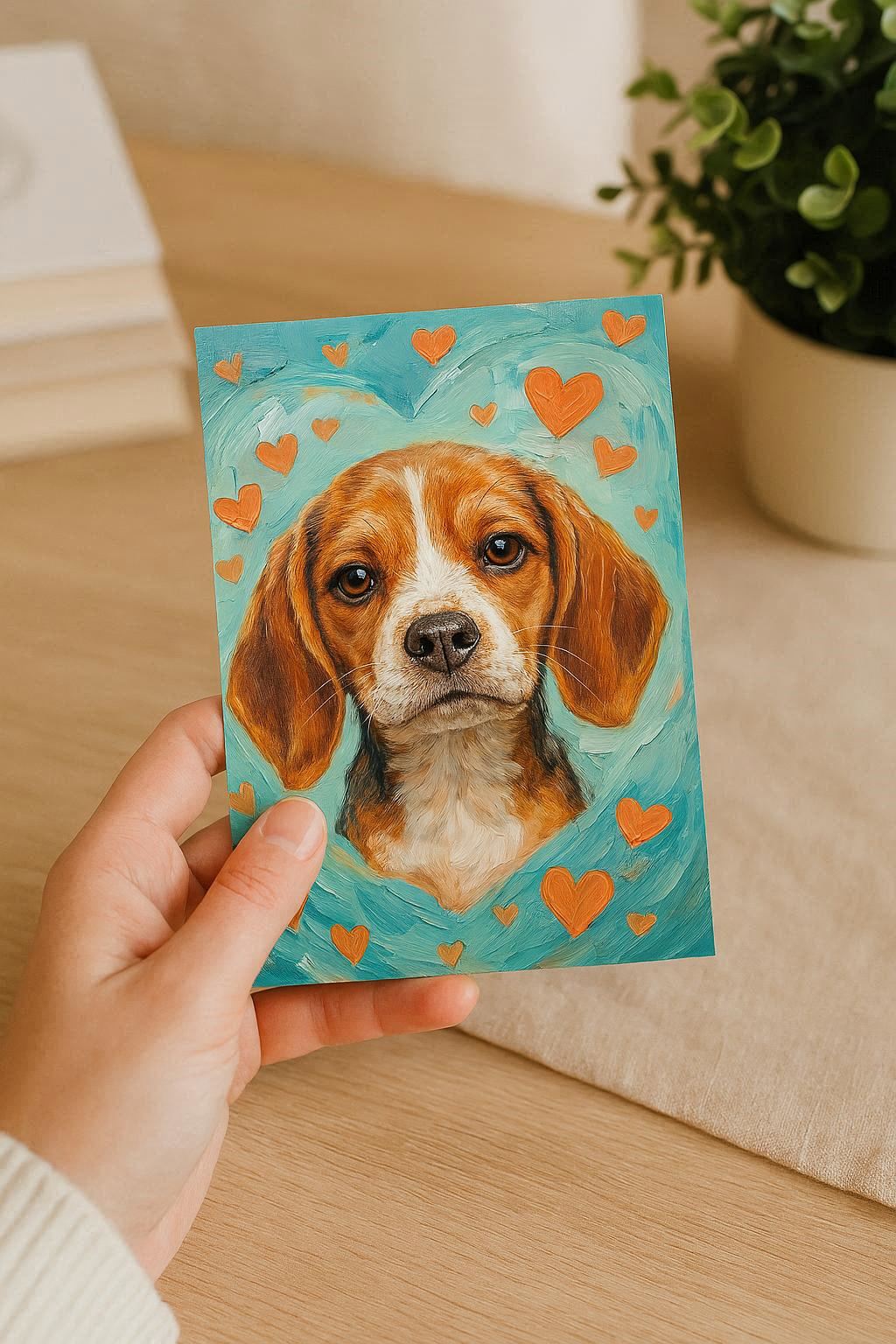 Zehn handgemalte Hundeillustrationen mit Herzmotiven in warmen Farben, geeignet für Kinderzimmer Poster, Postkarten oder Wandbilder