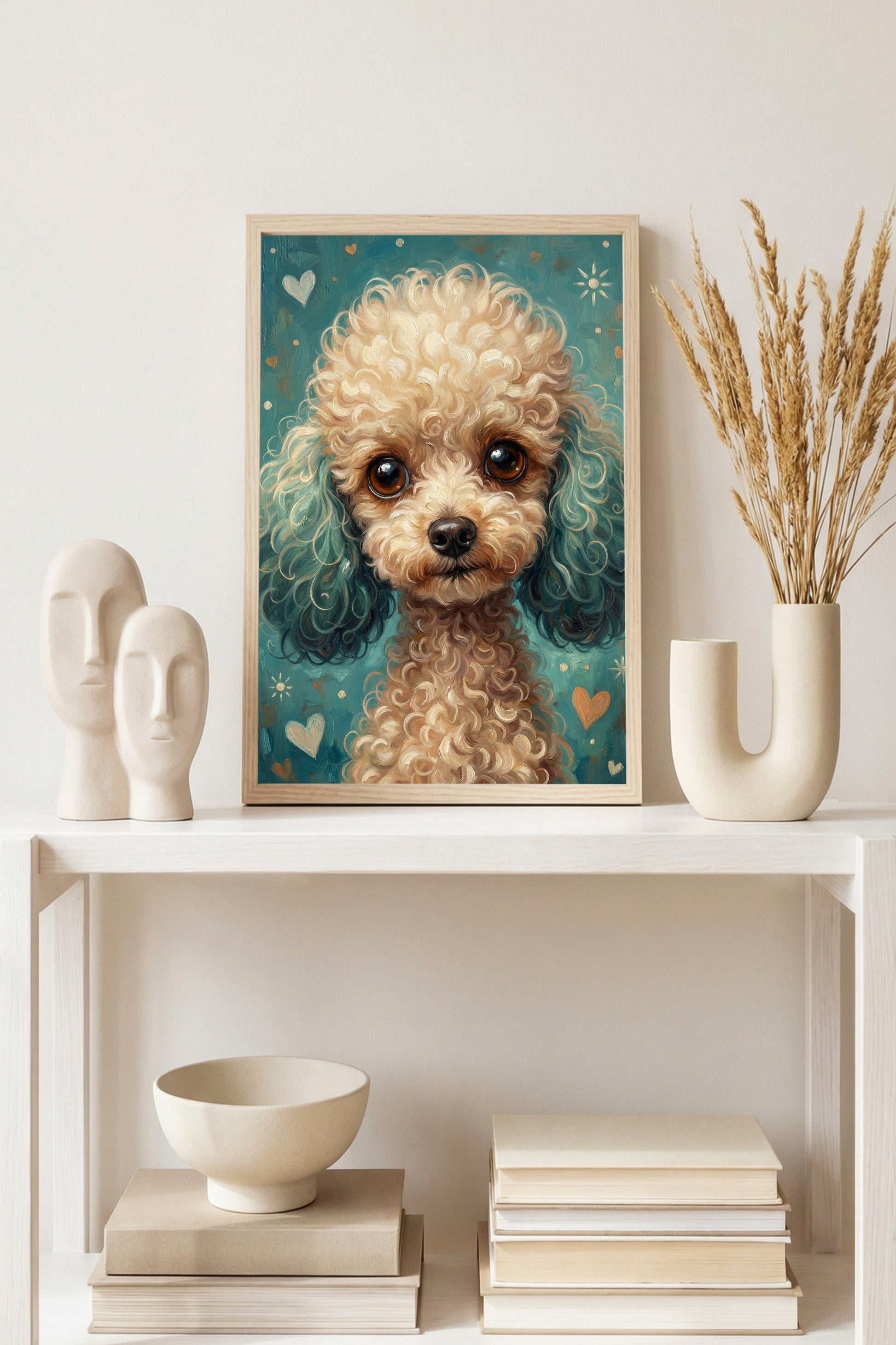 Zehn handgemalte Hundeillustrationen mit Herzmotiven in warmen Farben, geeignet für Kinderzimmer Poster, Postkarten oder Wandbilder