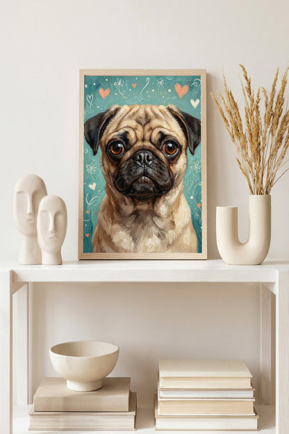 Zehn handgemalte Hundeillustrationen mit Herzmotiven in warmen Farben, geeignet für Kinderzimmer Poster, Postkarten oder Wandbilder