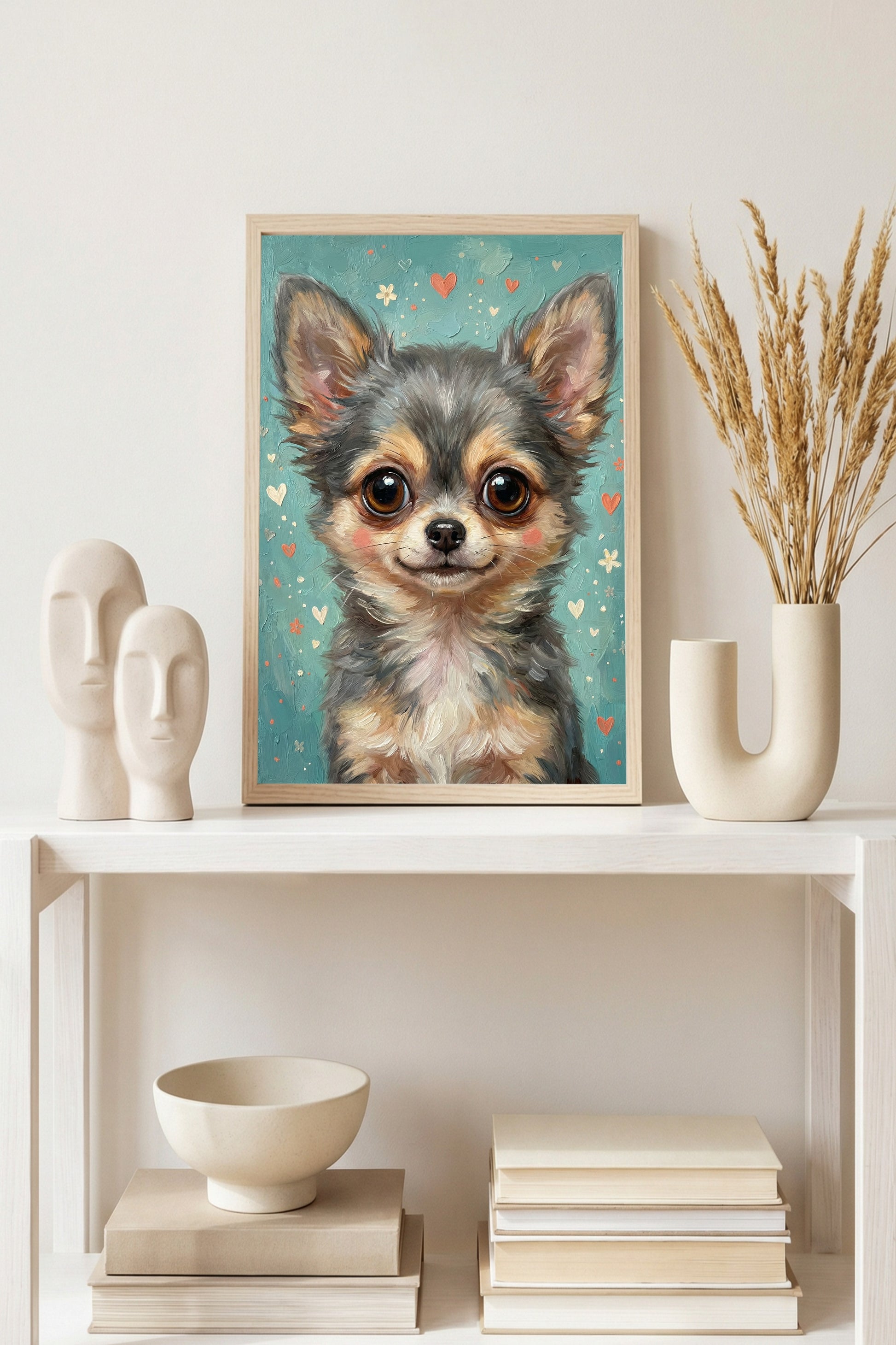 Zehn handgemalte Hundeillustrationen mit Herzmotiven in warmen Farben, geeignet für Kinderzimmer Poster, Postkarten oder Wandbilder