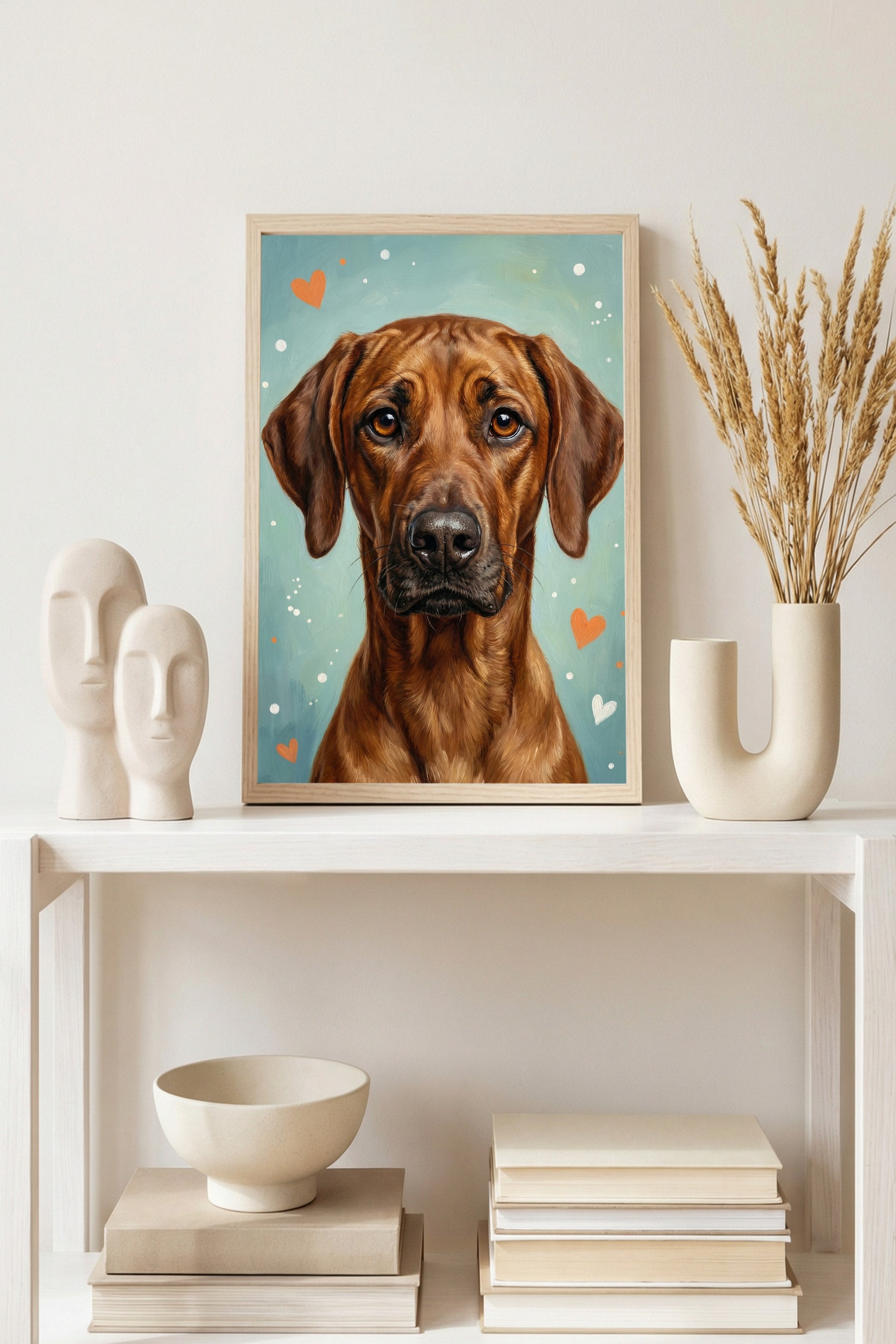 Zehn handgemalte Hundeillustrationen mit Herzmotiven in warmen Farben, geeignet für Kinderzimmer Poster, Postkarten oder Wandbilder