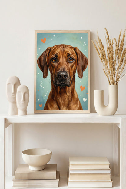 Zehn handgemalte Hundeillustrationen mit Herzmotiven in warmen Farben, geeignet für Kinderzimmer Poster, Postkarten oder Wandbilder