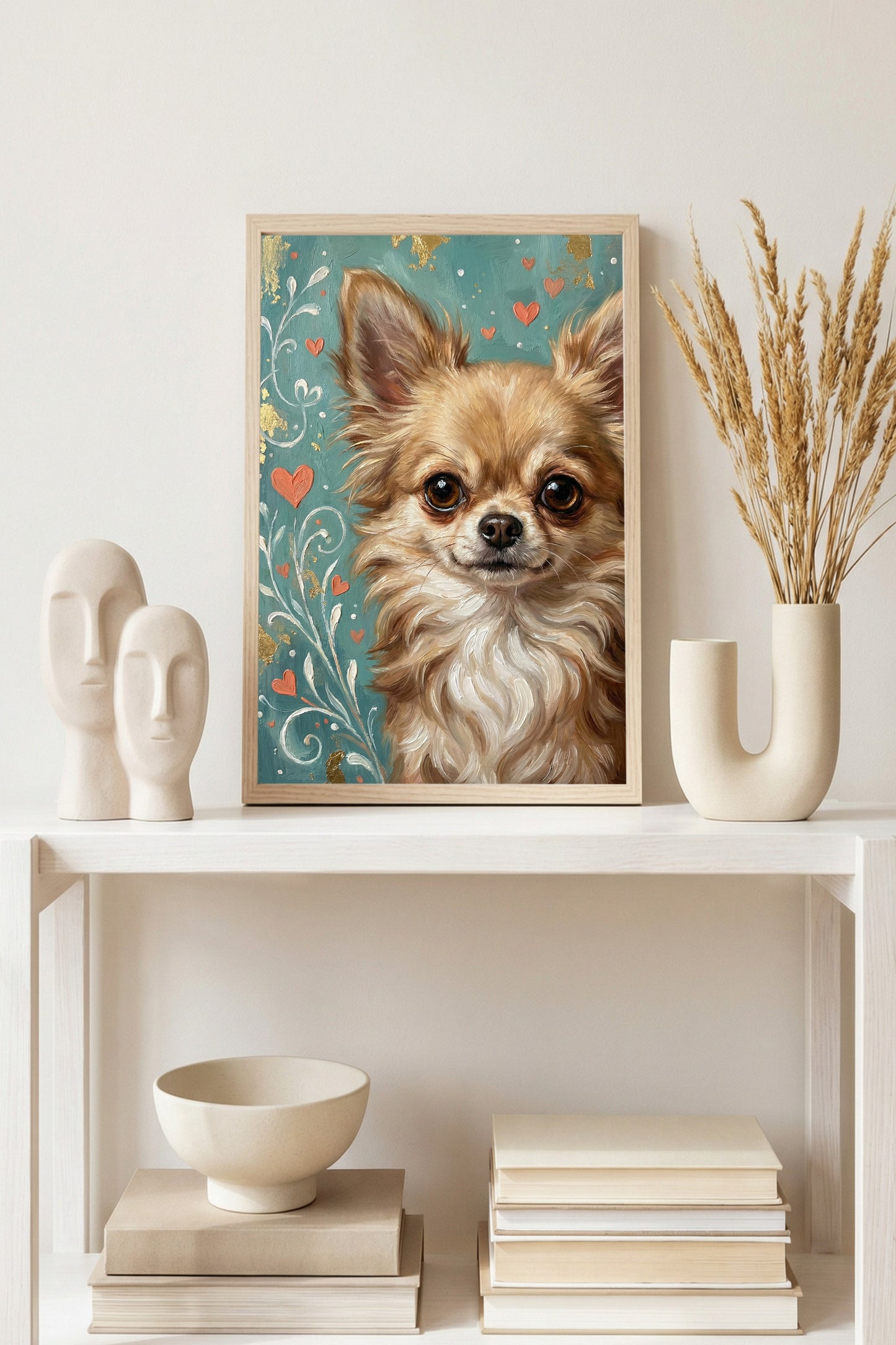 Zehn handgemalte Hundeillustrationen mit Herzmotiven in warmen Farben, geeignet für Kinderzimmer Poster, Postkarten oder Wandbilder