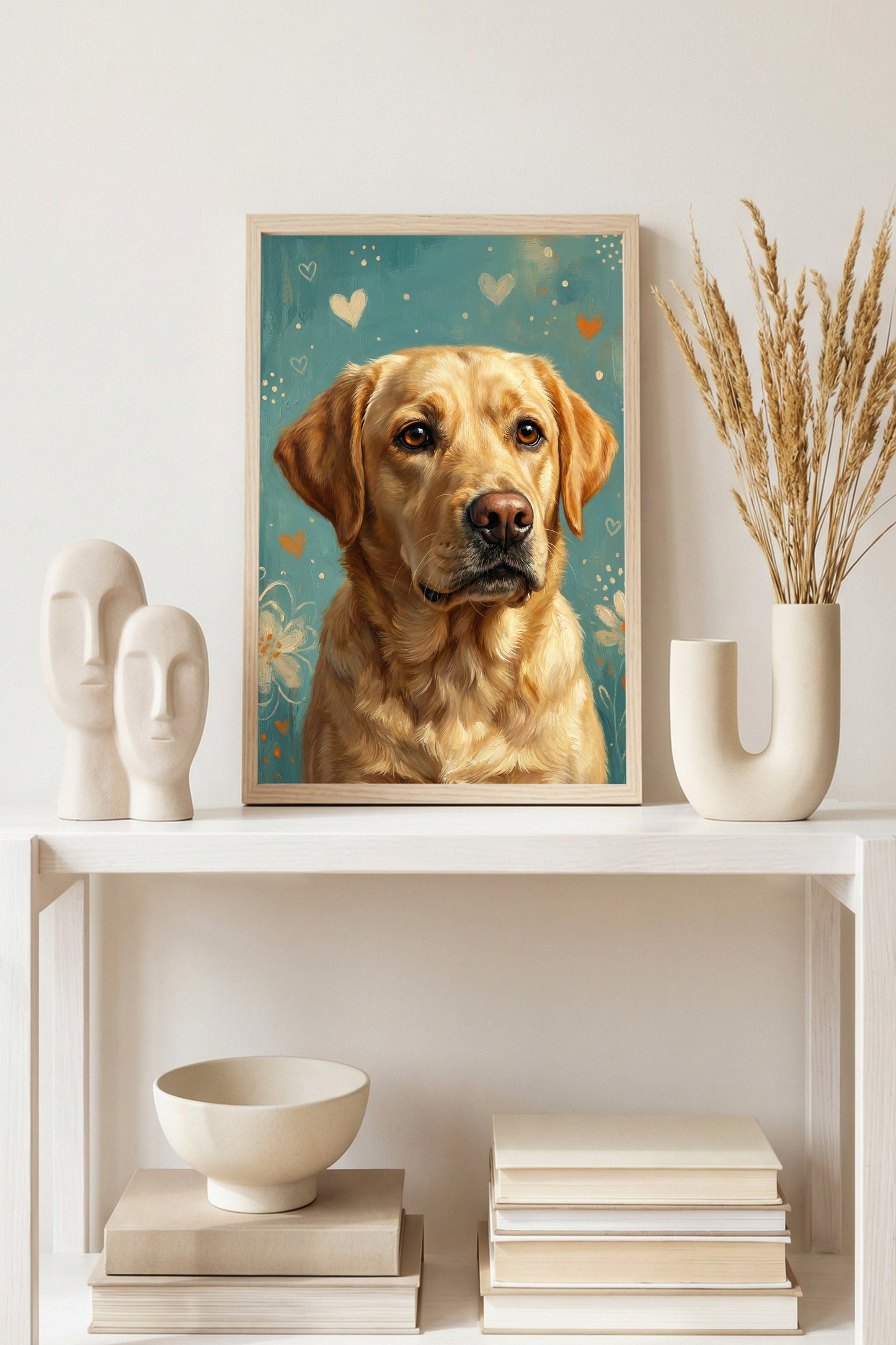 Zehn handgemalte Hundeillustrationen mit Herzmotiven in warmen Farben, geeignet für Kinderzimmer Poster, Postkarten oder Wandbilder