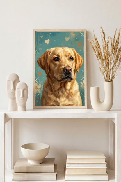 Zehn handgemalte Hundeillustrationen mit Herzmotiven in warmen Farben, geeignet für Kinderzimmer Poster, Postkarten oder Wandbilder