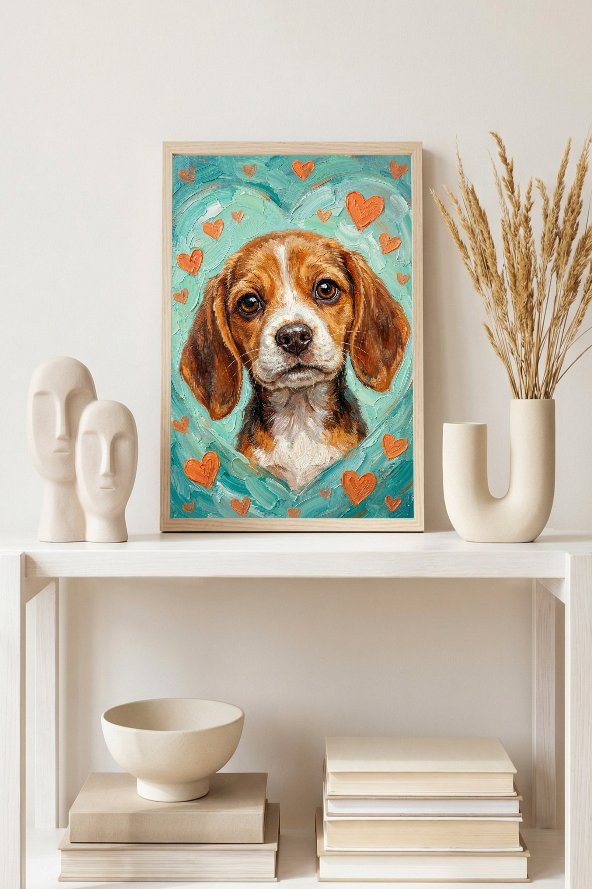 Zehn handgemalte Hundeillustrationen mit Herzmotiven in warmen Farben, geeignet für Kinderzimmer Poster, Postkarten oder Wandbilder