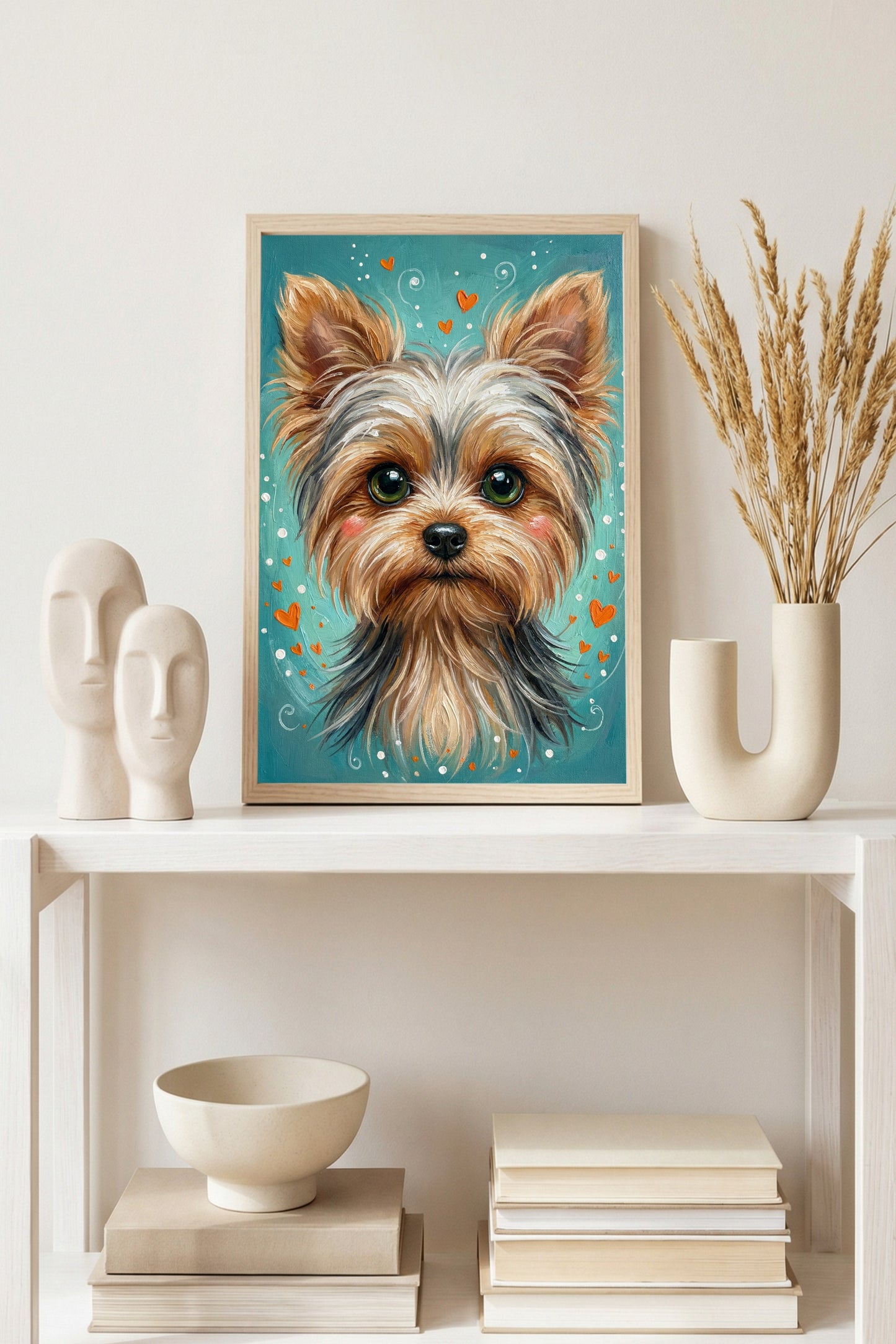 Zehn handgemalte Hundeillustrationen mit Herzmotiven in warmen Farben, geeignet für Kinderzimmer Poster, Postkarten oder Wandbilder