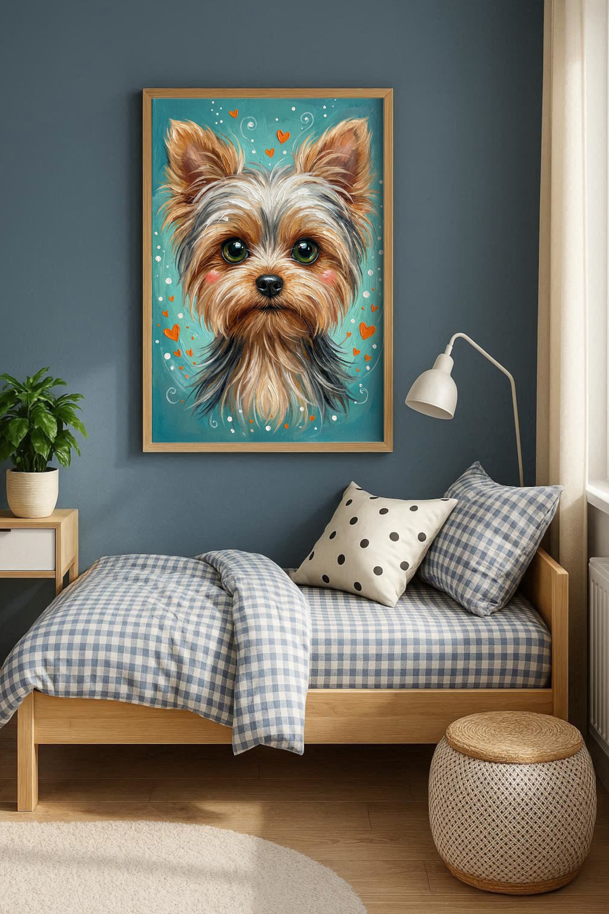 Zehn handgemalte Hundeillustrationen mit Herzmotiven in warmen Farben, geeignet für Kinderzimmer Poster, Postkarten oder Wandbilder