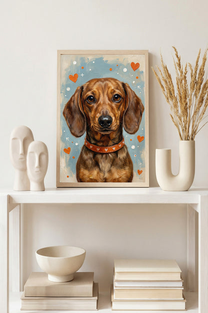 Zehn handgemalte Hundeillustrationen mit Herzmotiven in warmen Farben, geeignet für Kinderzimmer Poster, Postkarten oder Wandbilder