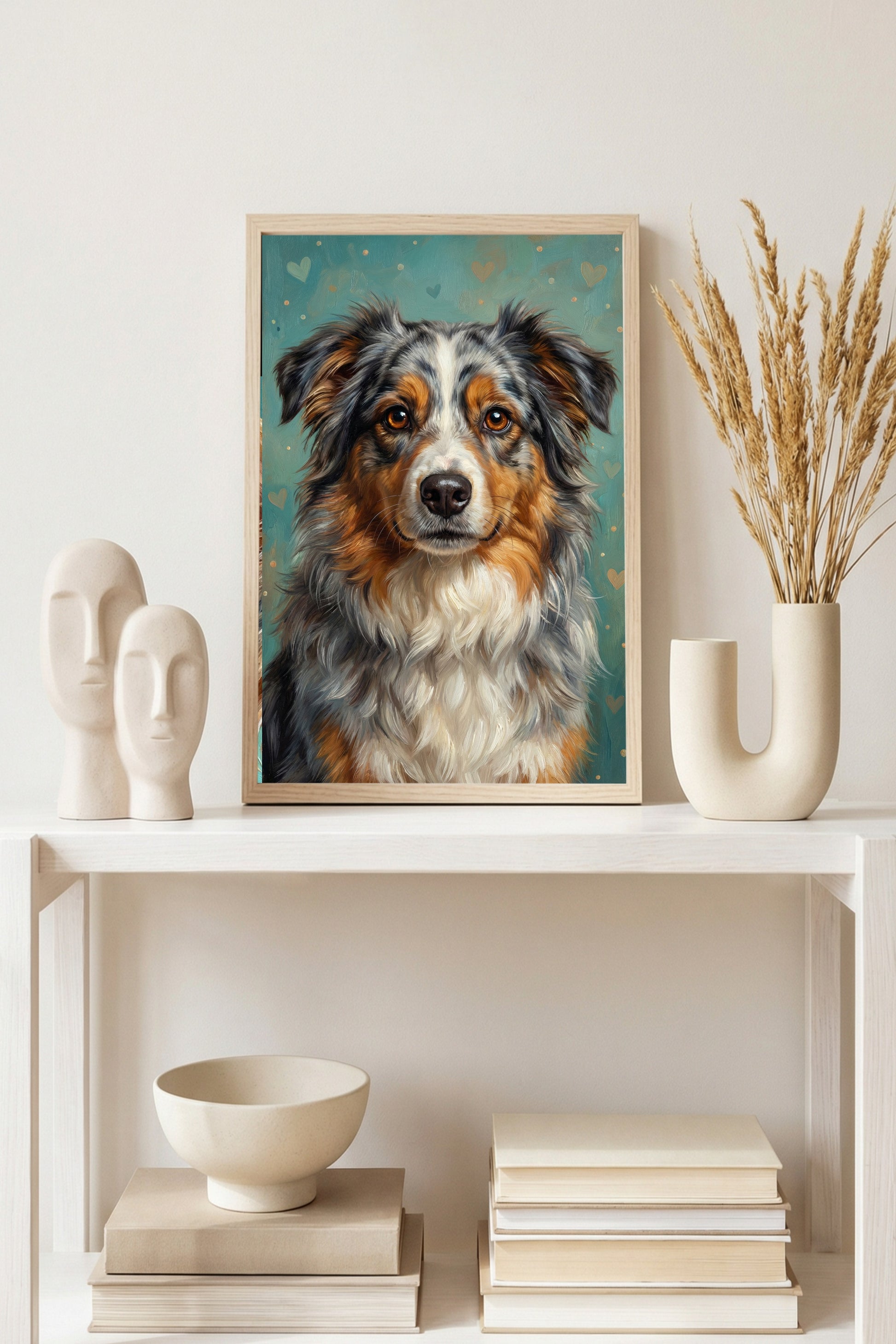 Zehn handgemalte Hundeillustrationen mit Herzmotiven in warmen Farben, geeignet für Kinderzimmer Poster, Postkarten oder Wandbilder