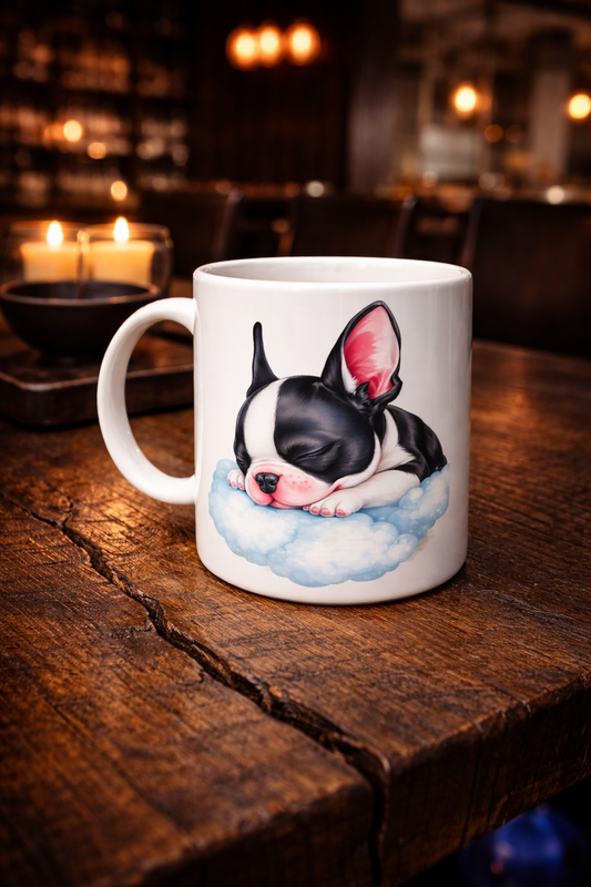 Weiße Keramiktasse mit Motiv einer schlafenden Französischen Bulldogge auf einer blauen Wolke, liebevoll und sanft gestaltet.