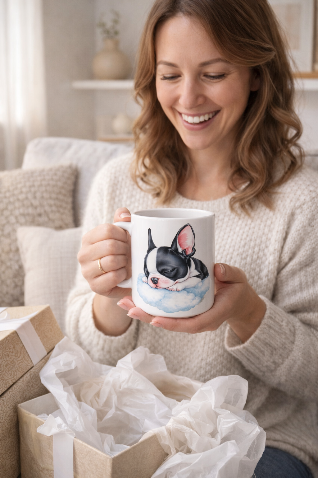 Weiße Keramiktasse mit Motiv einer schlafenden Französischen Bulldogge auf einer blauen Wolke, liebevoll und sanft gestaltet.