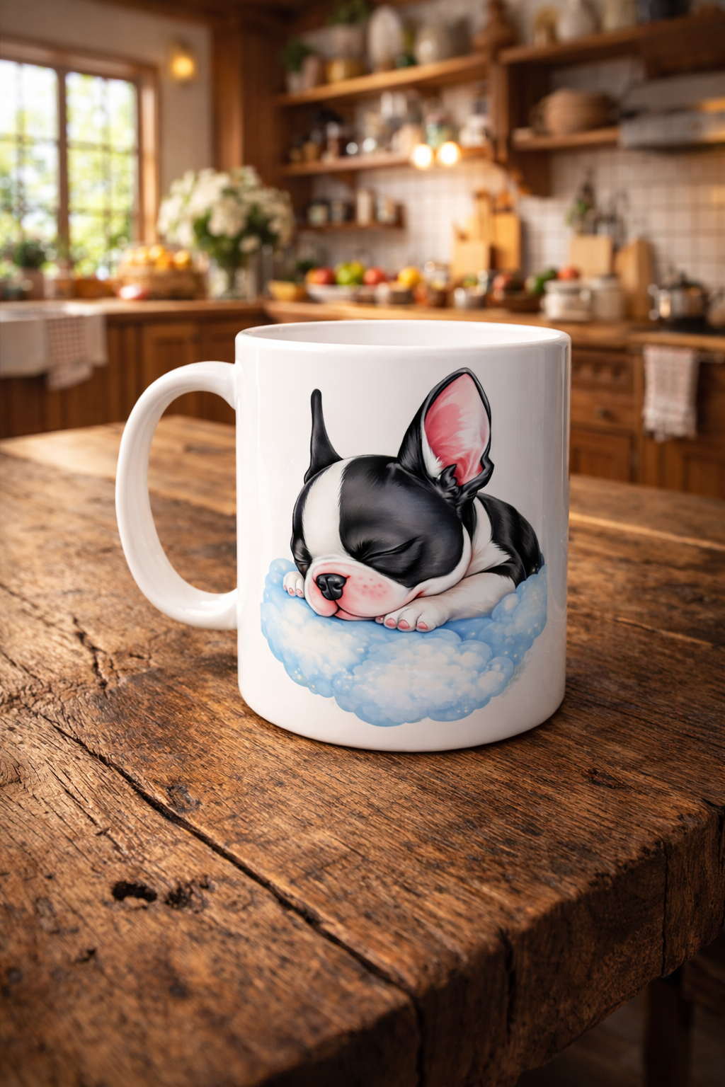 Weiße Keramiktasse mit Motiv einer schlafenden Französischen Bulldogge auf einer blauen Wolke, liebevoll und sanft gestaltet.