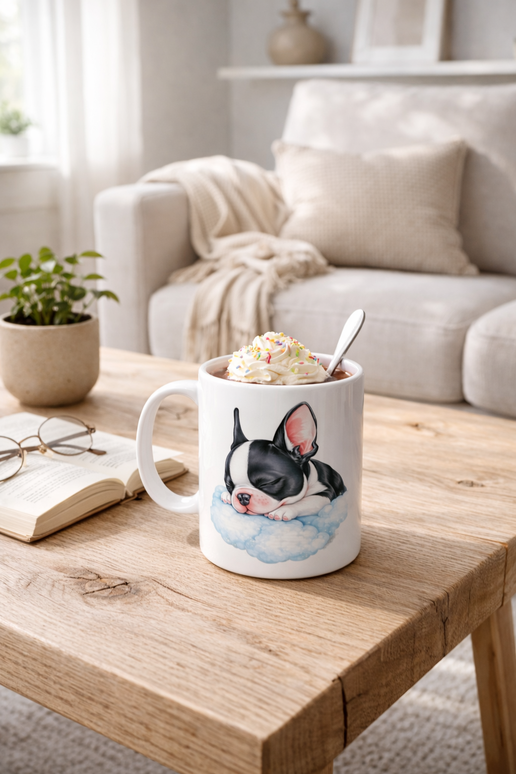 Weiße Keramiktasse mit Motiv einer schlafenden Französischen Bulldogge auf einer blauen Wolke, liebevoll und sanft gestaltet.