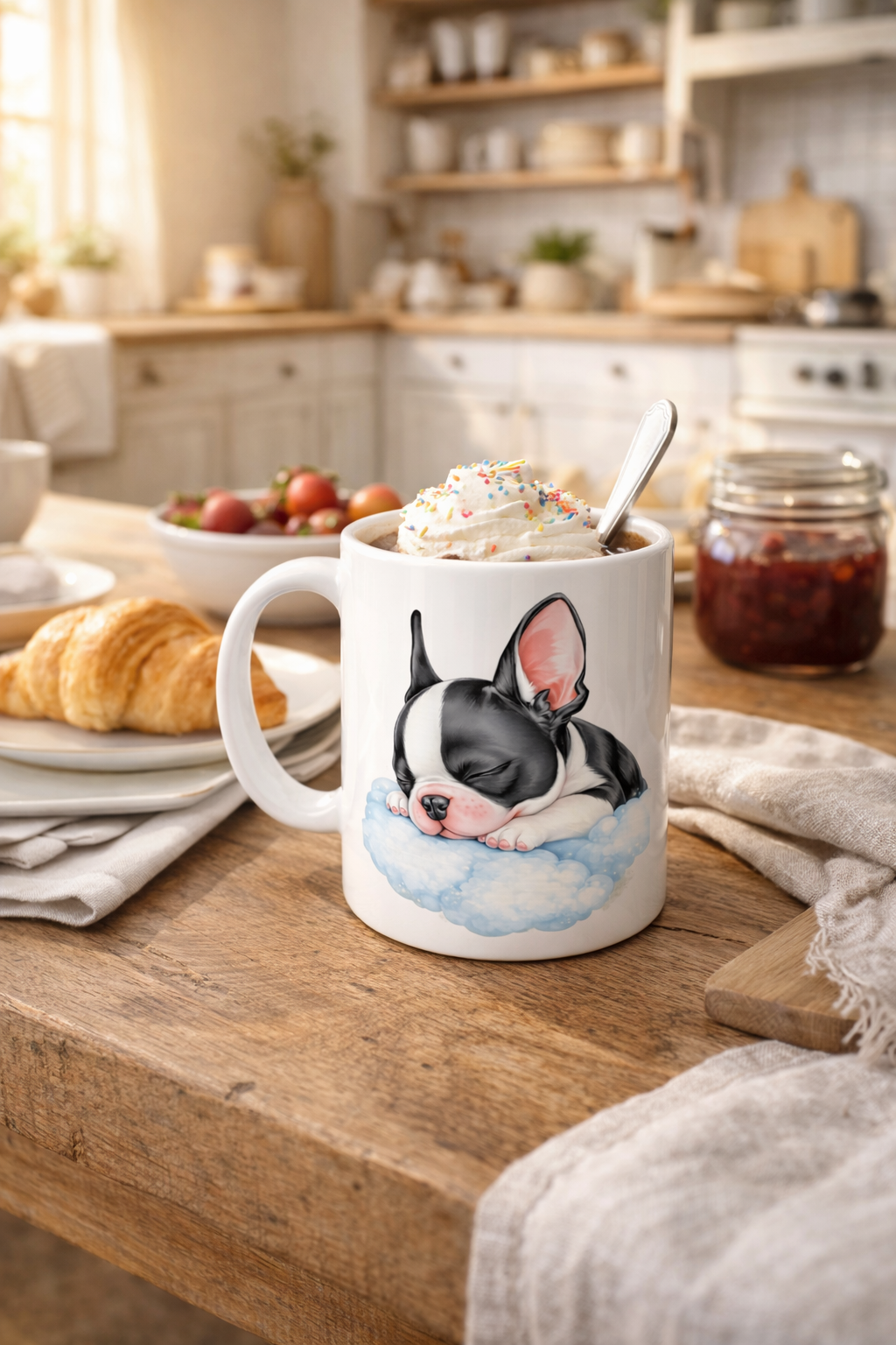 Weiße Keramiktasse mit Motiv einer schlafenden Französischen Bulldogge auf einer blauen Wolke, liebevoll und sanft gestaltet.