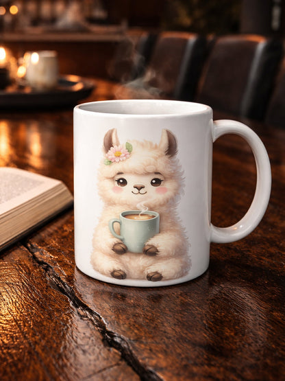 Keramiktasse mit niedlichem Lama, das eine Tasse hält, weiche Pastellfarben, ideal als Geschenk für Kaffee- und Tierliebhaber