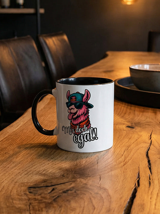 Weiße Keramiktasse mit schwarzem Henkel und Innenfarbe, Lama Motiv mit Spruch Mir doch egal