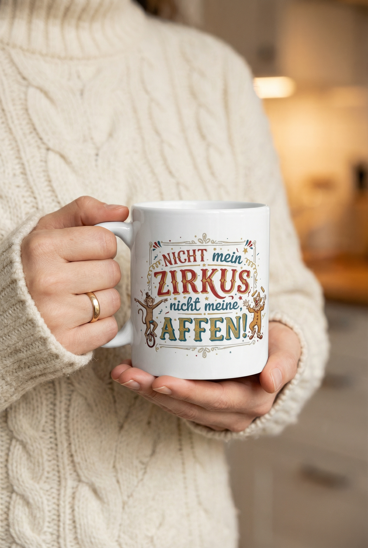 Weiße Keramiktasse mit Spruch Nicht mein Zirkus nicht meine Affen, Zirkus Illustration