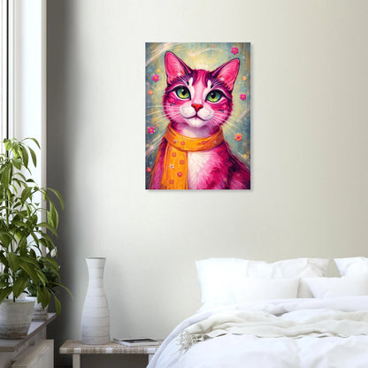 Farbenfrohes Katzenposter mit pinker Katze, grünen Augen und orangefarbenem Schal, modernes Pop Art Tierportrait mit floralen Details als dekoratives Wandbild.
