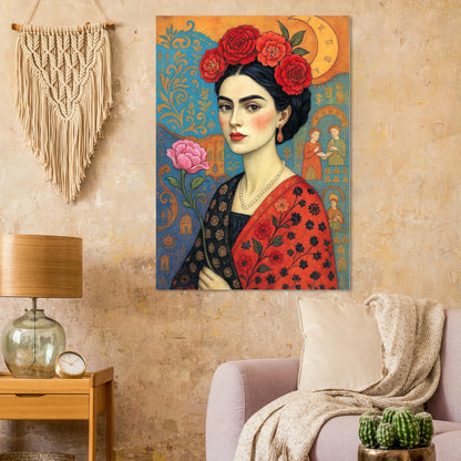 Florales Frauenporträt Poster mit roten Rosen, Boho Folk Art Illustration und Mondmotiv