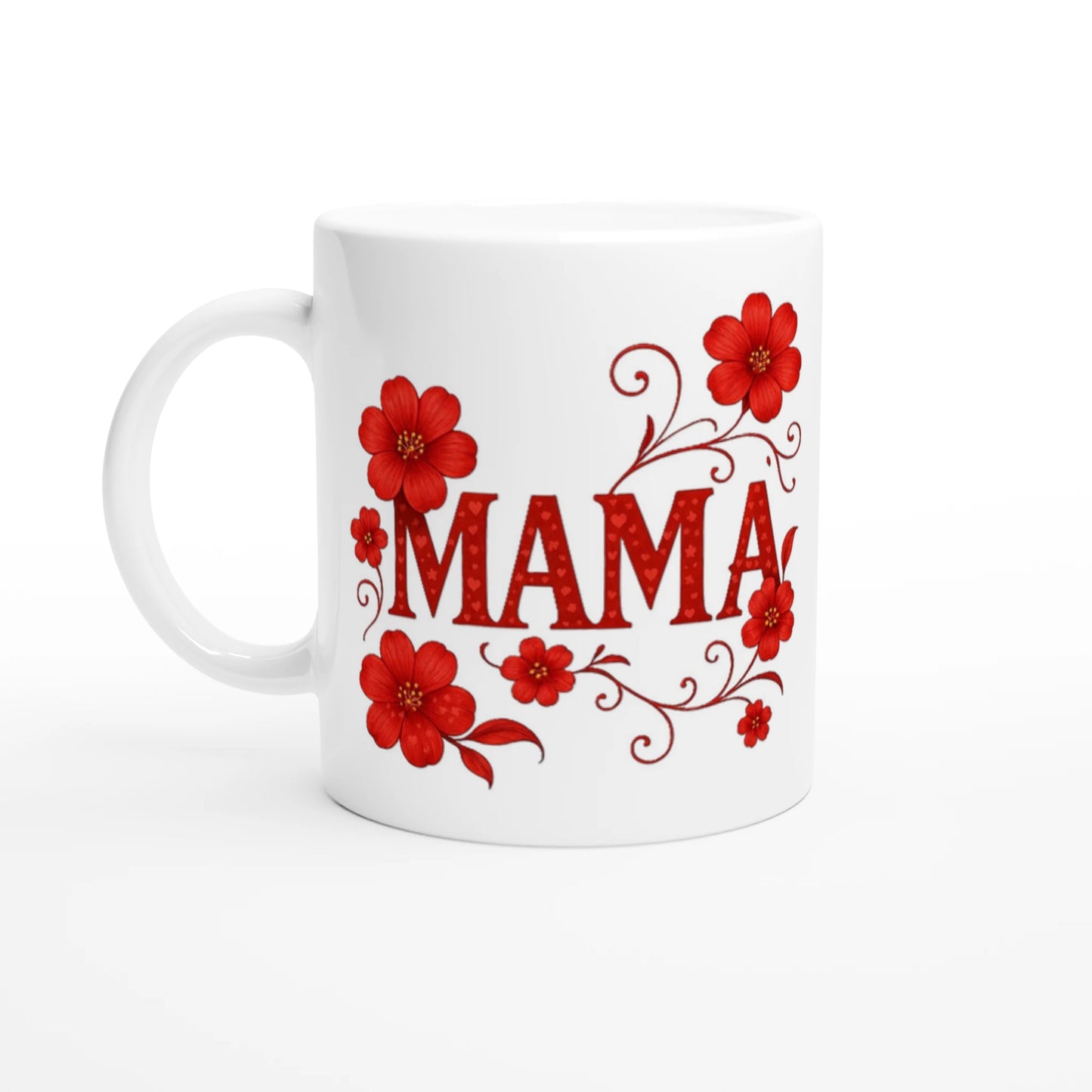 Weiße Keramiktasse mit Schriftzug Mama und rotem Blumenmotiv