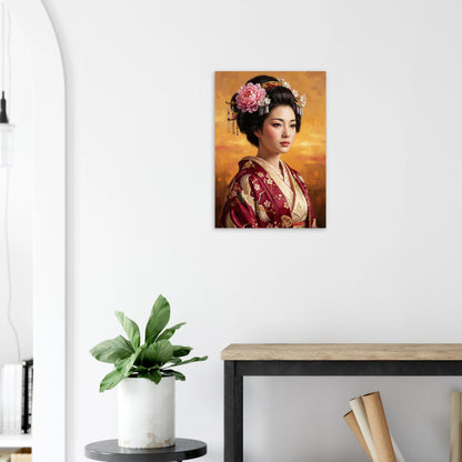 Geisha-Porträt im roten Kimono mit Kranich-Stickerei und Blüten im Haar, vor warm-goldenem Hintergrund, elegante Wandkunst.