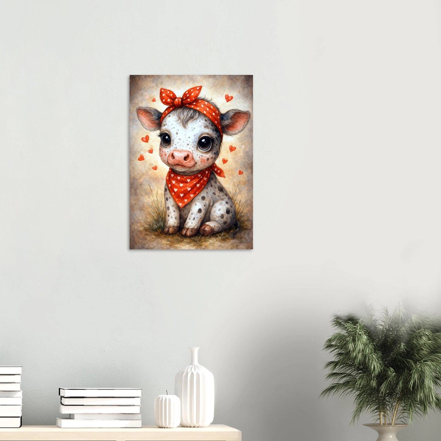 Aquarell Babykuh mit rotem Halstuch und Herzchen als niedliches Bauernhof Poster für Kinderzimmer oder Landhaus Dekoration