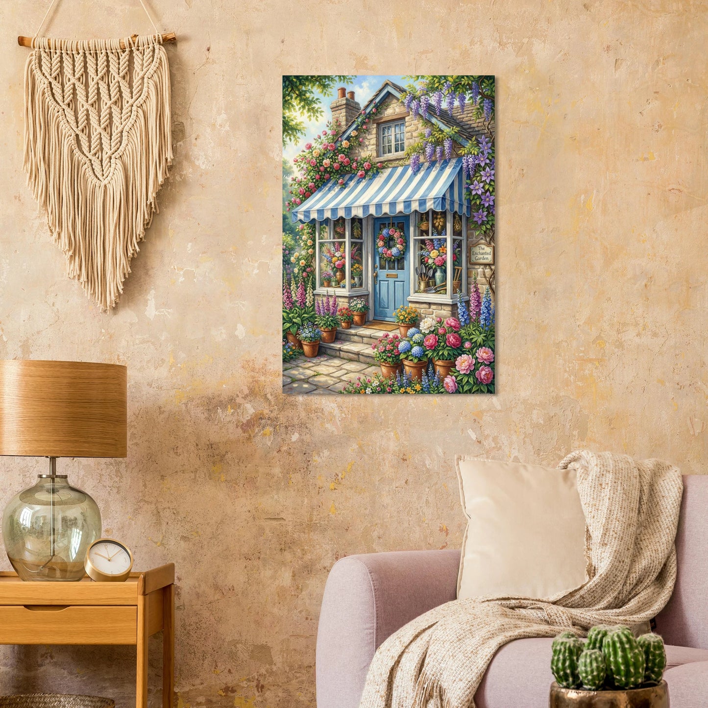 Cottage Garten Poster mit blau-weißer Markise, Steinhausfassade und üppigen Blumen in Rosa, Violett und Grün