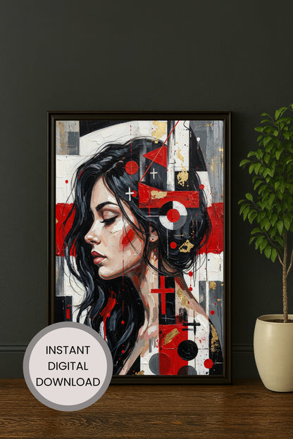 Modernes abstraktes Frauenporträt im Profil mit geometrischen Formen in Rot, Schwarz und Weiß, zeitgenössische digitale Wandkunst.