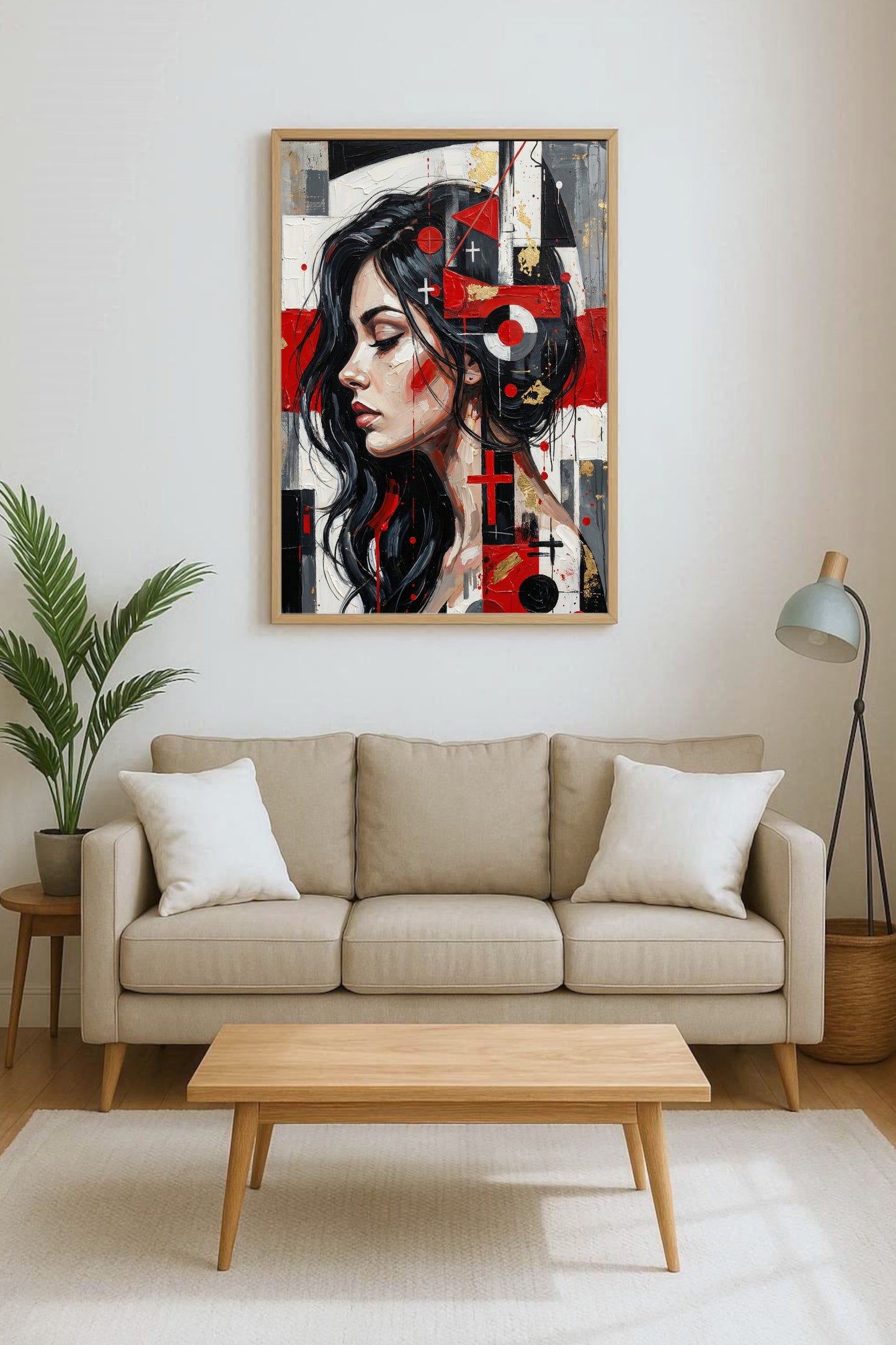 Modernes abstraktes Frauenporträt im Profil mit geometrischen Formen in Rot, Schwarz und Weiß, zeitgenössische digitale Wandkunst.