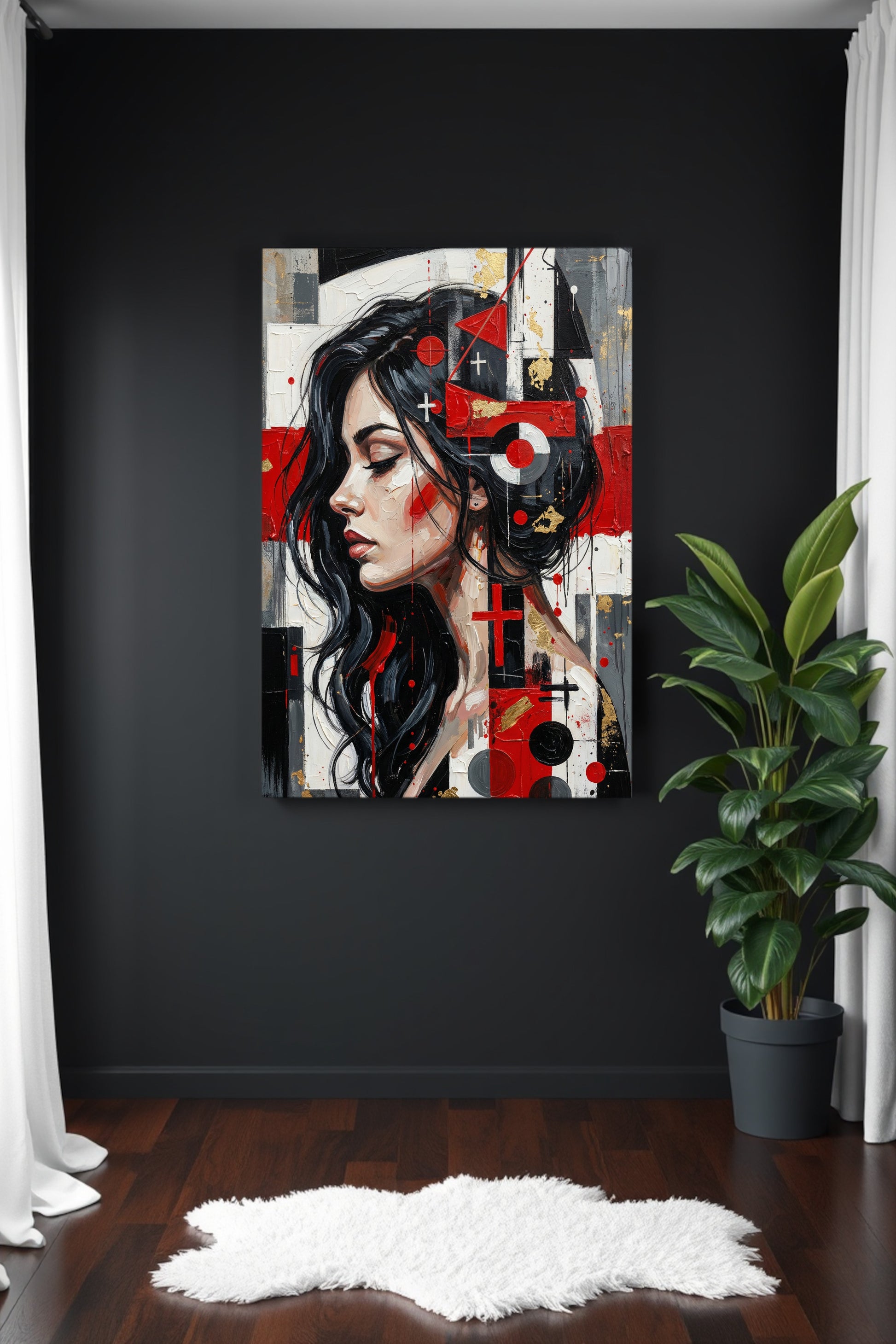 Modernes abstraktes Frauenporträt im Profil mit geometrischen Formen in Rot, Schwarz und Weiß, zeitgenössische digitale Wandkunst.