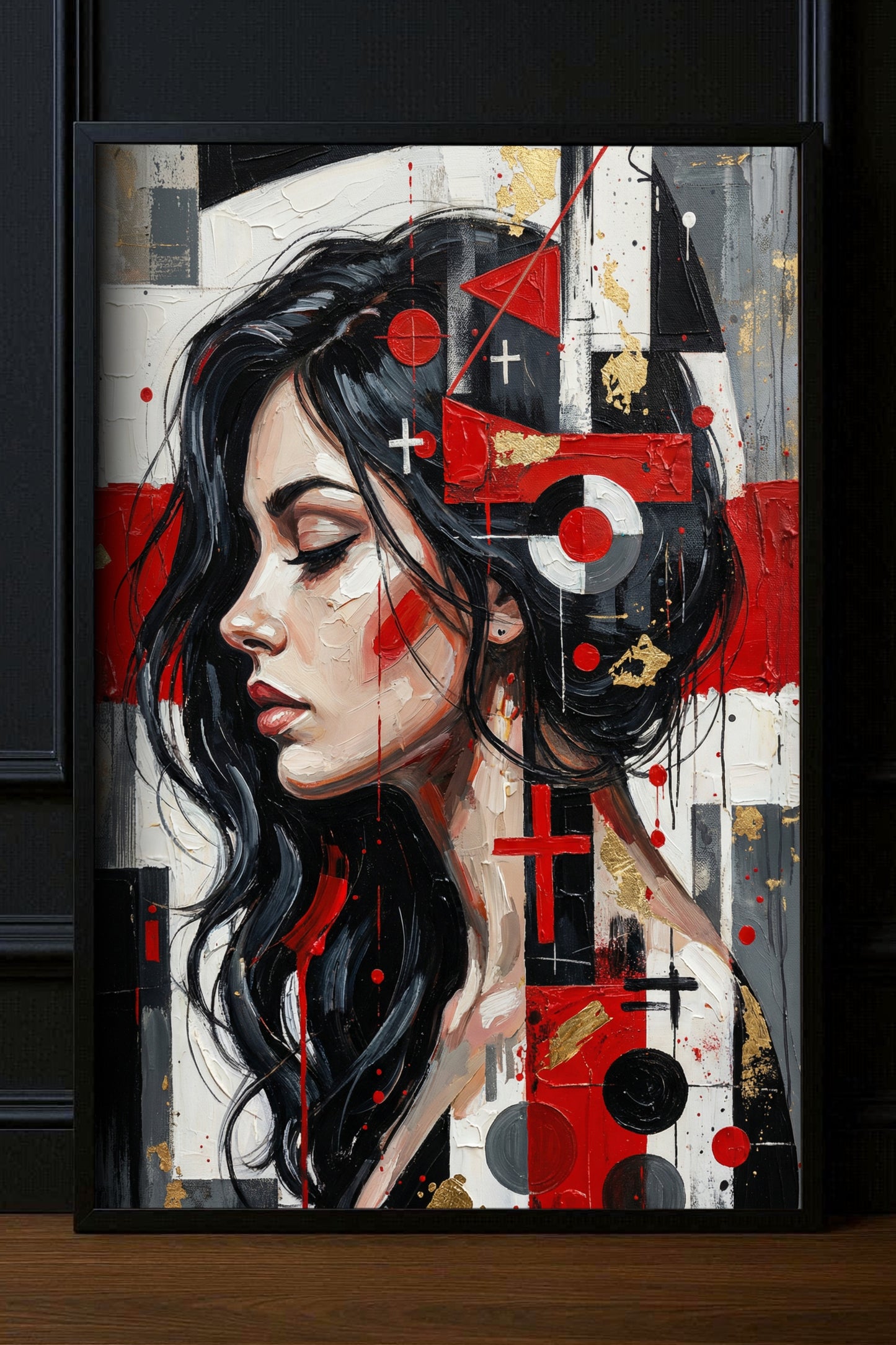 Modernes abstraktes Frauenporträt im Profil mit geometrischen Formen in Rot, Schwarz und Weiß als ausdrucksstarkes Kunstposter.