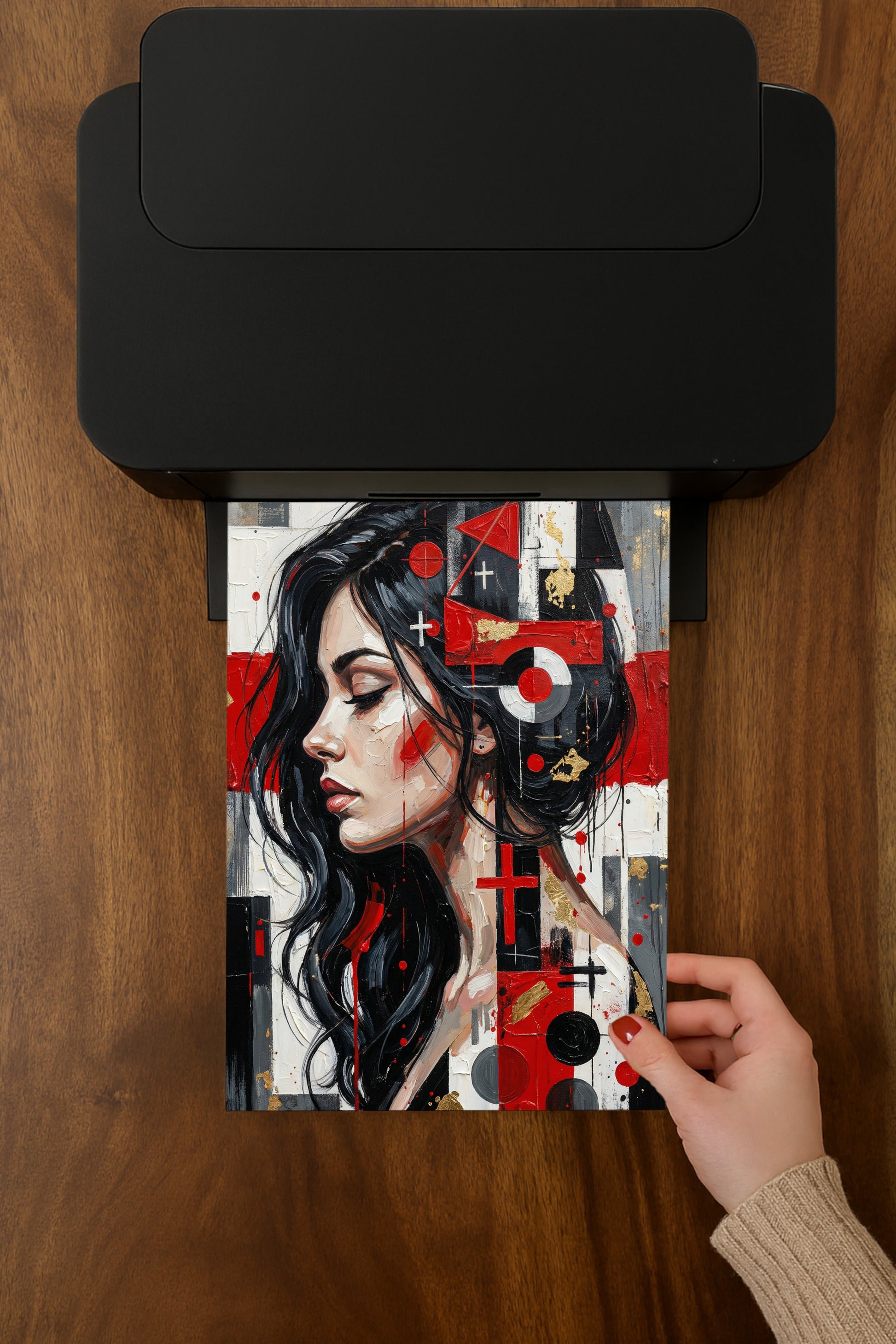 Modernes abstraktes Frauenporträt im Profil mit geometrischen Formen in Rot, Schwarz und Weiß, zeitgenössische digitale Wandkunst.