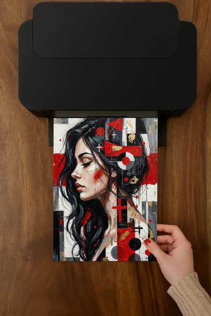 Modernes abstraktes Frauenporträt im Profil mit geometrischen Formen in Rot, Schwarz und Weiß, zeitgenössische digitale Wandkunst.