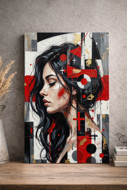Modernes abstraktes Frauenporträt im Profil mit geometrischen Formen in Rot, Schwarz und Weiß, zeitgenössische digitale Wandkunst.