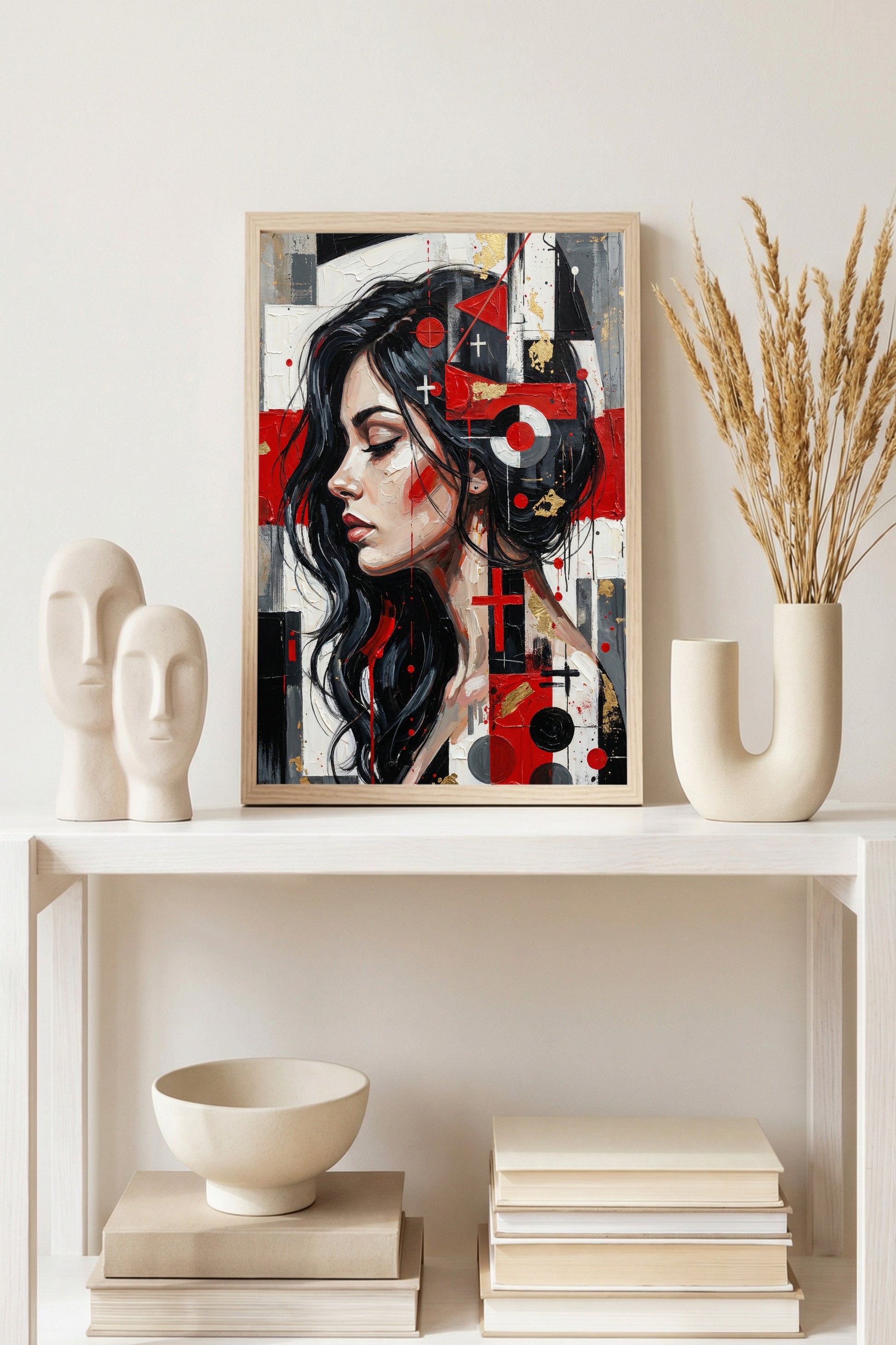 Modernes abstraktes Frauenporträt im Profil mit geometrischen Formen in Rot, Schwarz und Weiß, zeitgenössische digitale Wandkunst.