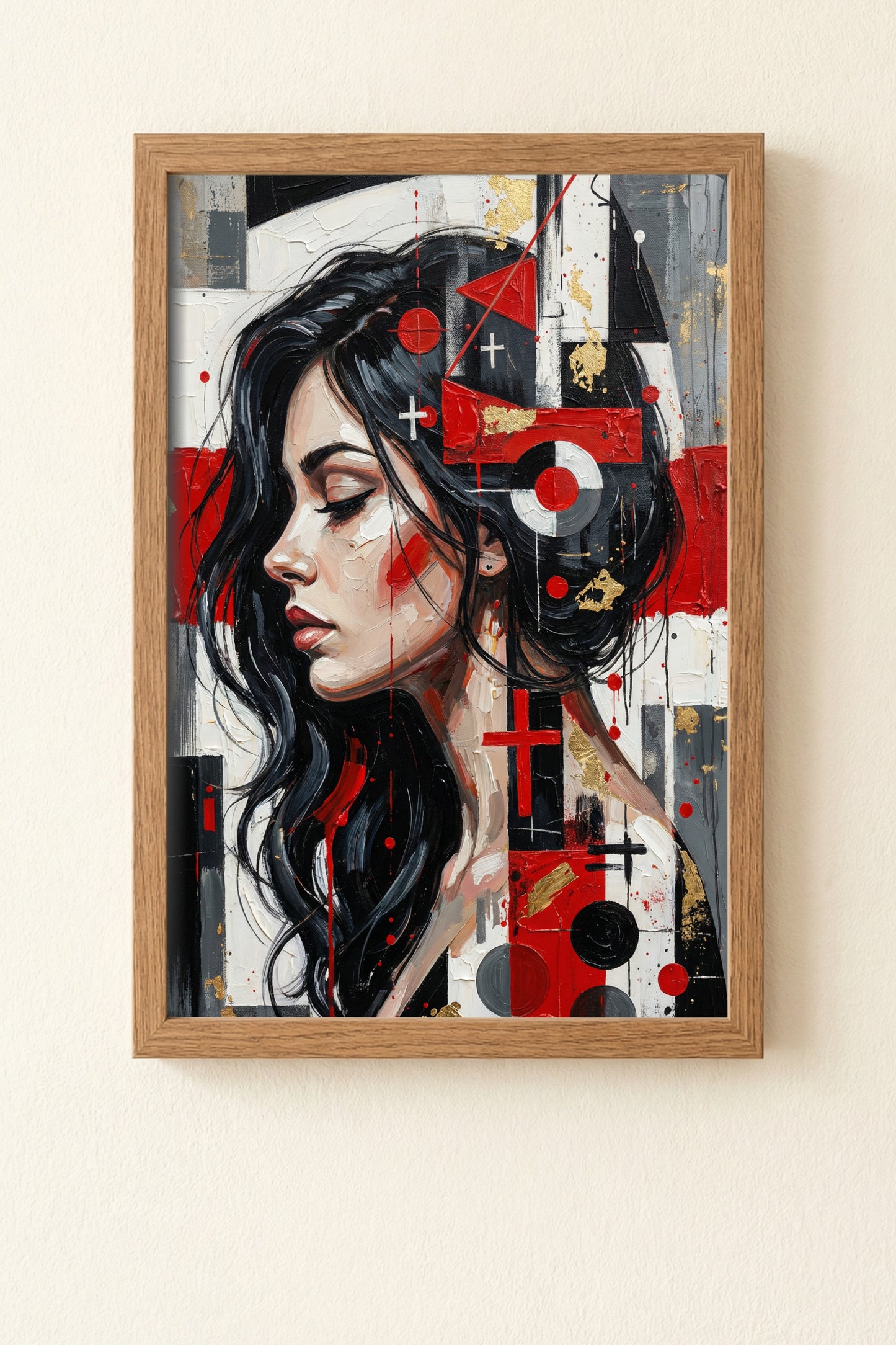 Modernes abstraktes Frauenporträt im Profil mit geometrischen Formen in Rot, Schwarz und Weiß, zeitgenössische digitale Wandkunst.