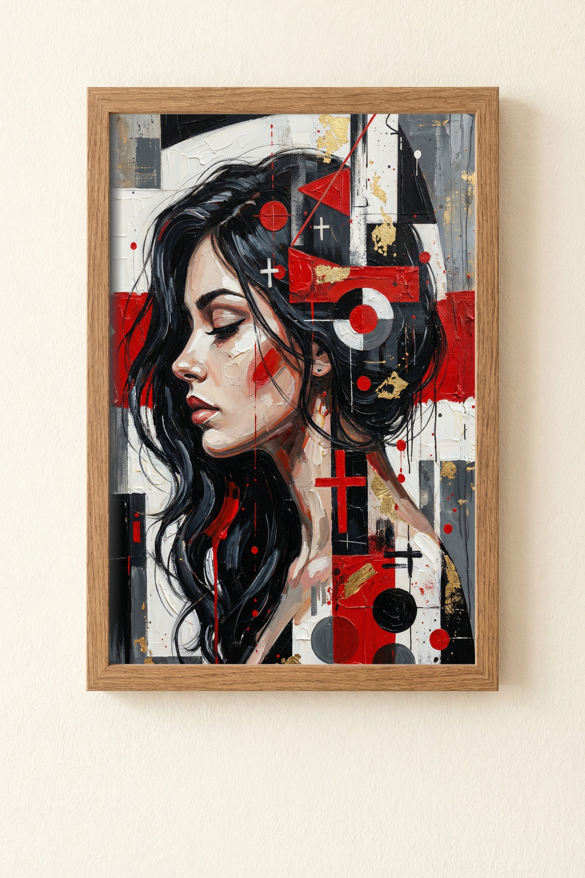 Modernes abstraktes Frauenporträt im Profil mit geometrischen Formen in Rot, Schwarz und Weiß, zeitgenössische digitale Wandkunst.