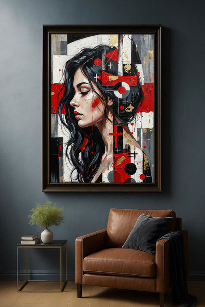 Modernes abstraktes Frauenporträt im Profil mit geometrischen Formen in Rot, Schwarz und Weiß als ausdrucksstarkes Kunstposter.