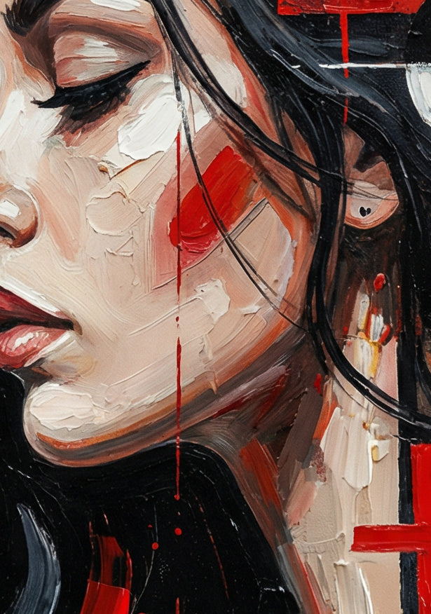 Modernes abstraktes Frauenporträt im Profil mit geometrischen Formen in Rot, Schwarz und Weiß, zeitgenössische digitale Wandkunst.