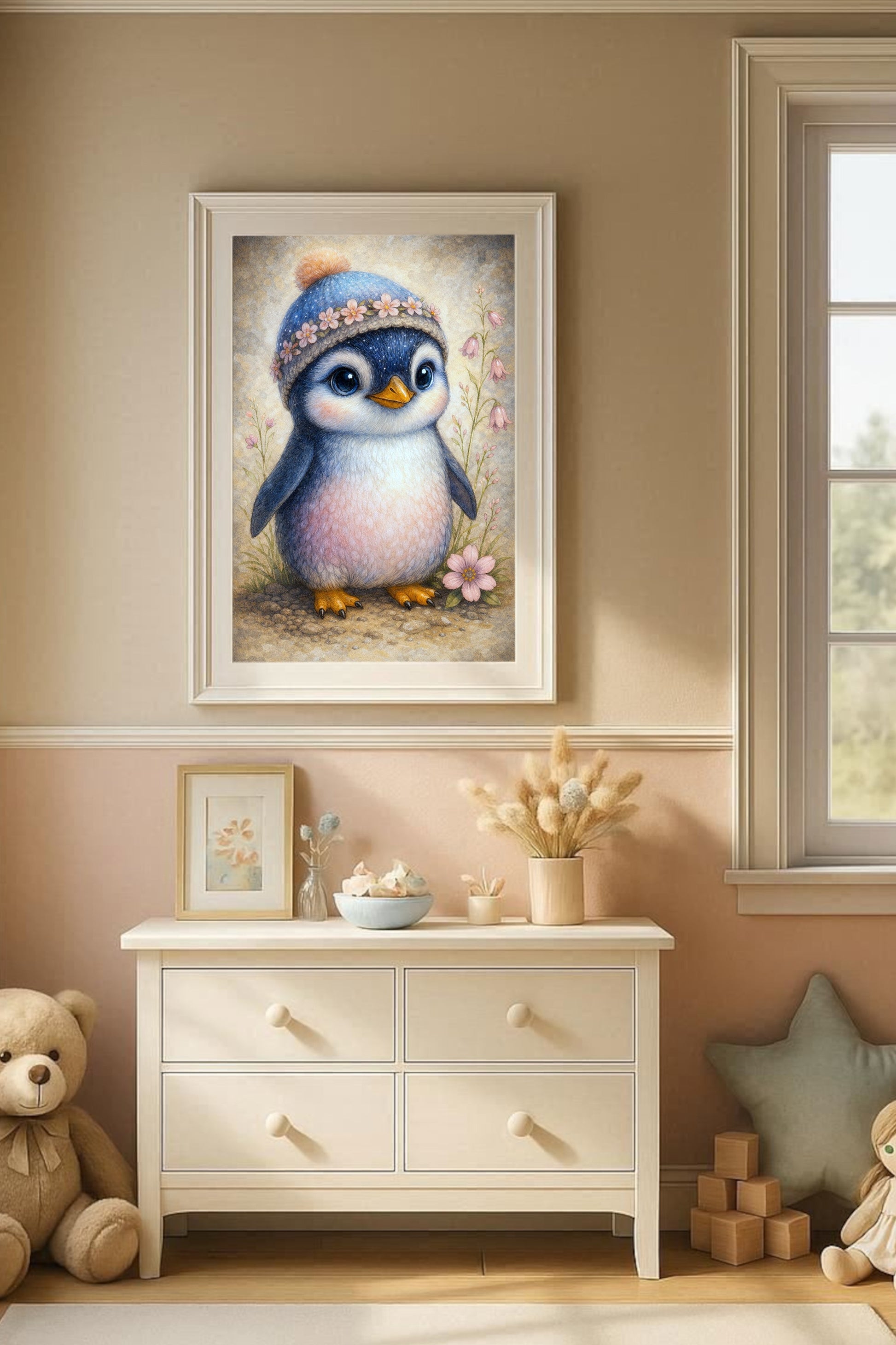 Süßer Baby-Pinguin mit gestrickter Mütze und Blütenband in Pastellfarben, zarte Blumen am Rand, Kinderzimmer-Motiv.